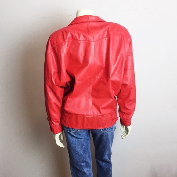 Vintage red leather jacket dolman sleeve 80s glam - Picture 3 of 8
